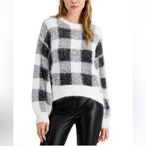 Express White Black Plaid Soft Fuzzy Sweater Checker Fuzzy Teddy Sweater Size L